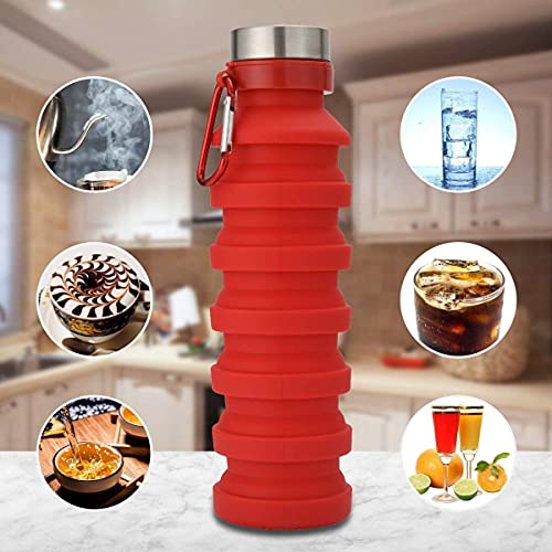 Image of we3 Collapsible Water Bottle, 550ml Reusable Silicone Light Water Bottles for Travel Outdoor Portable Leakproof Drinking Bottles with Carabiner (Red, Pack of 2)
