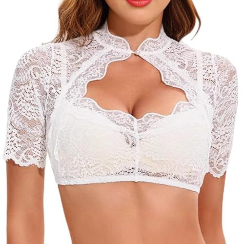 ZXTGBQ Blusa Dirndl Blanca, Camisa Mujer, Bolero Encaje Mujer Blanco, Blusa Tradicional, de Manga Corta, para Oktoberfest, Carnaval, M