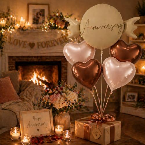 Image of Wanna Party Happy Anniversary Candy Shape Foil Balloon Set of 5 for Celebration Decoration | Candy Balloon with 2 Copper Heart Balloons & 2 Caramel Nude Heart Balloons | Helium Supported Party Decor