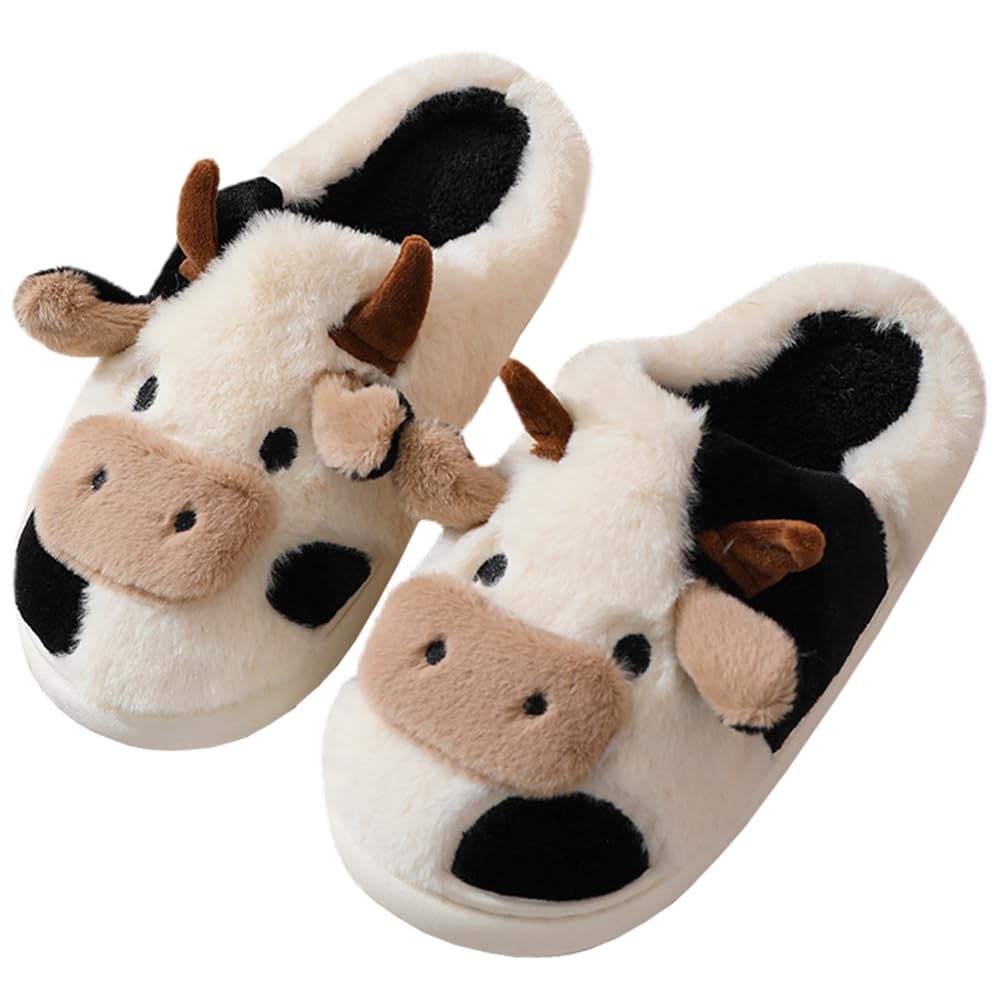 HeziyibaiCartoon Cow Slippers for Girls Women Men, Fluffy Fuzzy Slippers House Shoes Pillow Cloud Slippers for Living Room Bedroom Indoor Outdoor