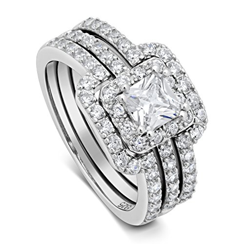DTLA Princess Cut Center Stone CZ Sterling Silver Triple Band Engagement Ring & Wedding Band (9)