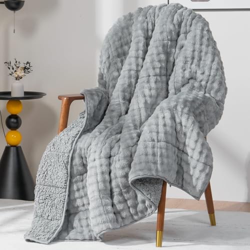 Image of Cottonblue Weighted Blanket for Adults Queen Size 15 lbs, Soft Fuzzy Fleece Sherpa Weighted Throw Blankets 60x80 inches, Warm Cozy Fluffy Bubble GreyWinter Heavy Blanket for Bed Sofa Women Men Present
