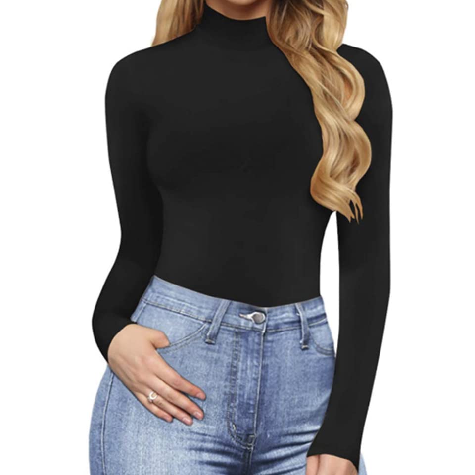 MeeQeeWomen Long Sleeve Turtle Roll High Neck Tops Plain Basic T Shirts Stretchy Casual Slim Fit Tee Top Ladies Layering Winter Jumper