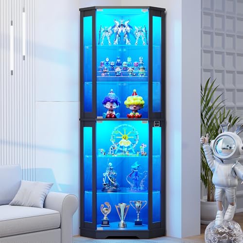 BROTTAR 71 Corner Display Cabinet with Glass Doors 6 Tier Curio Cabinet with 3 LED Lights & Glass Shelves Human Body Sensor Showcase Display Case for Collectibles Black
