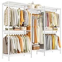 REIBII Clothes Rail Heavy Duty, Metal Clothes Rack with Shelves and Hanging Rails for Garments, Portable Open Wardrobe for Bedroom Walk-in Closet Garage, 195H x 190W x 45D cm, Black (White)