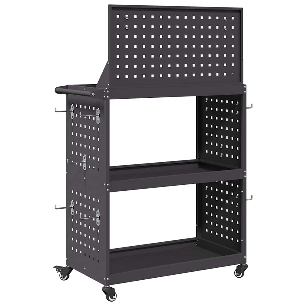 Wózek narzędziowy czarny ze stali walcowanej na zimno 65 x 35 x 111 cm z 3 półkami, 12 haków, blokowane kółka do warsztatu, garażu, dla majsterkowiczów i warsztatu, organizacji