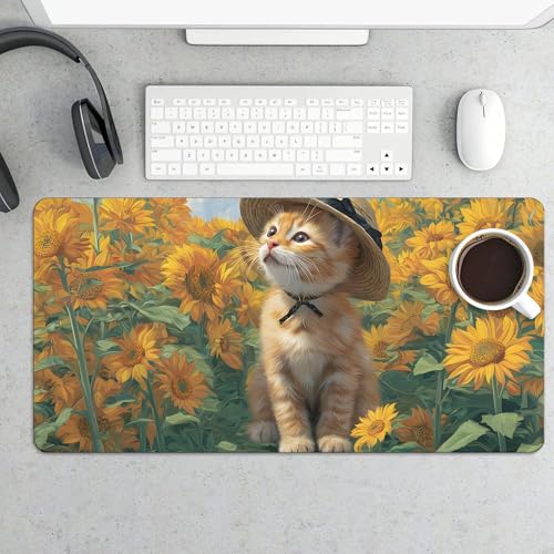 Image of Cat Sunflower Extended Gaming Mouse Pad, with Stitched Edges Large Mouse Pad Desk Protector, Rubber Base Mousepad Keyboard Mouses Mat for Work Game Office Home- 32 inch X 16 inch Inch