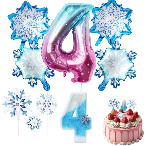 Decoraciones de Cumpleaños 4 Años 9 Piezas, Globos Copo de Nieve, Globo Número 4, 3D Velas de cumpleaños con Número de Copo de Nieve, Decoraciones de Copos de Nieve para Pastel