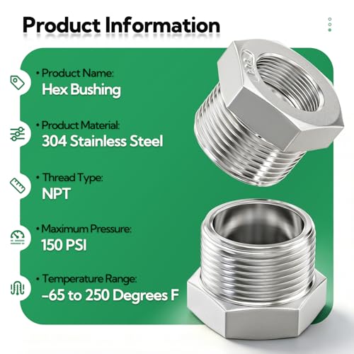 Image of 5PCS 304 Stainless Steel Reducer Hex Bushing, 1 inch NPT Male x 3 /4 inch NPT Female, Reducing Pipe Adapter Fitting