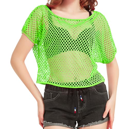 80s Fancy Fishnet Top for Women Neon Mesh Top Off the Shoulder T-shirt 1980s Retro Theme Party Costume Accessories Cosplay
