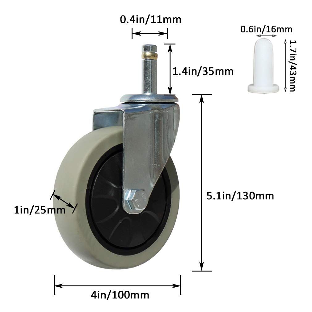 Roues de chariot frottées, Roue de meuble à tige pivotante, avec piston d'insertion M11x35mm, lot de 4, sans bruit, avec manchon en nylon, capacité 400 kg, for chariot de tables d'hôtel de cuisine (4
