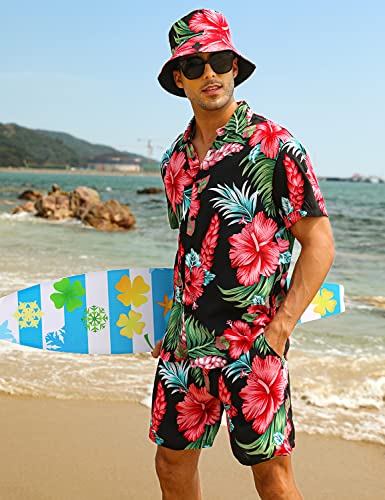 EISHOPEER Men's Flower Hawaiian Sets Casual Short Sleeve Shirt and Shorts Suits Outfits with Bucket Hats3