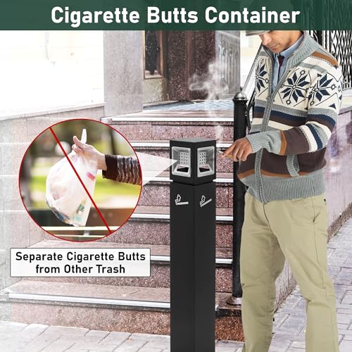 Image of Commercial Butt Receptacle Outdoor Trash Can for Patio, 4 Sides Opening Square Ash Bin, Garbage Waste Container with Removable Inner Bucket for Hotel Driveway