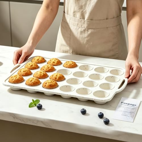Foepoge Mini Muffin Tray for Baking: 24 Cup Silicone Cupcake Tray with Metal Frame&Handles - Spill-Free Transfer from Table to Oven - Non-Stick Silicone Mould - Cake Pop Out Easy - Ideal for Beginners