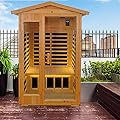 Xmatch Far Infrared Wooden Outdoor Sauna, 2-Person Size 1750W, 9 Low EMF Heaters, 10 Minutes Pre-Warm up, Time and Temp Pre-Set, 2 Bluetooth Speakers, 2 LED Reading Lamp and 2 Chromotherapy Lights