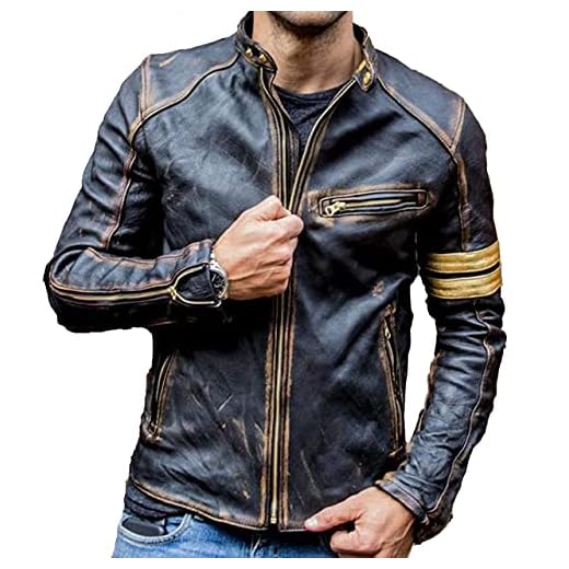 Jnriver Jaqueta masculina de couro preta para motociclista, vintage, café, corredor, pele de cordeiro, preta, masculina, Elite Black, XGG