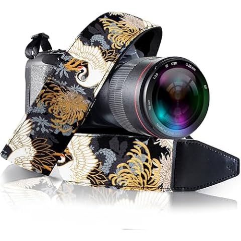 Art Tribute Camera Strap Vintage for All DSLR and Mirrorless Cameras - Neck & Shoulder Black Crane Gold Foil Camera Strap, Animal Pattern - Christmas Gift & Stocking Stuffer Cover