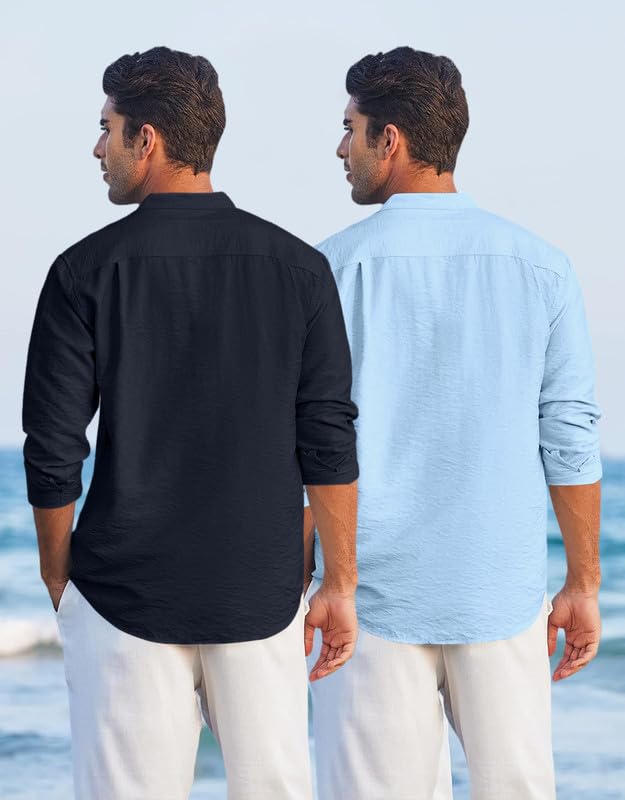 Image of Macsivo Combo of Men's Regular Fit Cotton Blend Solid Casual Short Kurta with Mandarin Collar and Pockets Kurta Pack of 2