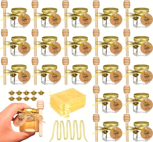 Ahhute Honey Jar, Mini Honey Jars with Dipper, Glass Honey Pot Baby Shower Favors, Party Favors & Wedding Favors, Hexagon Honey Container with Lid, Bee Charms, Fabric Ribbons and Bags, 20 Pack 1.5oz Ahhute Honey Jar, Mini Honey Jars with Dipper, Glass Honey Pot Baby Shower Favors, Party Favors & Wedding Favors, Hexagon Honey Container with Lid, Bee Charms, Fabric Ribbons and Bags, 20 Pack 1.5oz