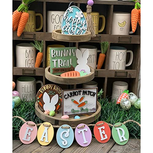 BARcrimy Easter Tiered Tray Decor,Happy Spring Tiered Tray Decorations,Mini Rustic Farmhouse Bunny Egg Wooden Sign for Indoor Home Table Mantle Office,Easter Day Gifts.Tray not Included (F, One Size)