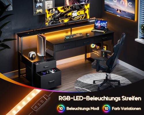 Coleshome Schreibtisch mit 5 Schubladen aus Stoff, Reversibler Gaming Tisch mit Steckdose, Computertisch mit Monitorständer und LED-Leuchten, Home Office Schreibtische, Schwarz, 160x48cm – Bild 6