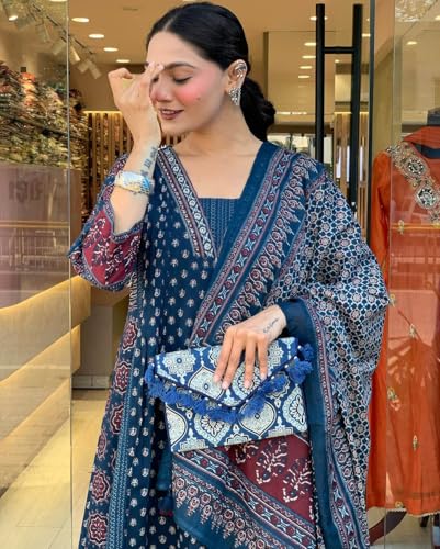 Image of KLOSIA Women Rayon Printed Flared Anarkali Kurta And Pant With Dupatta Set