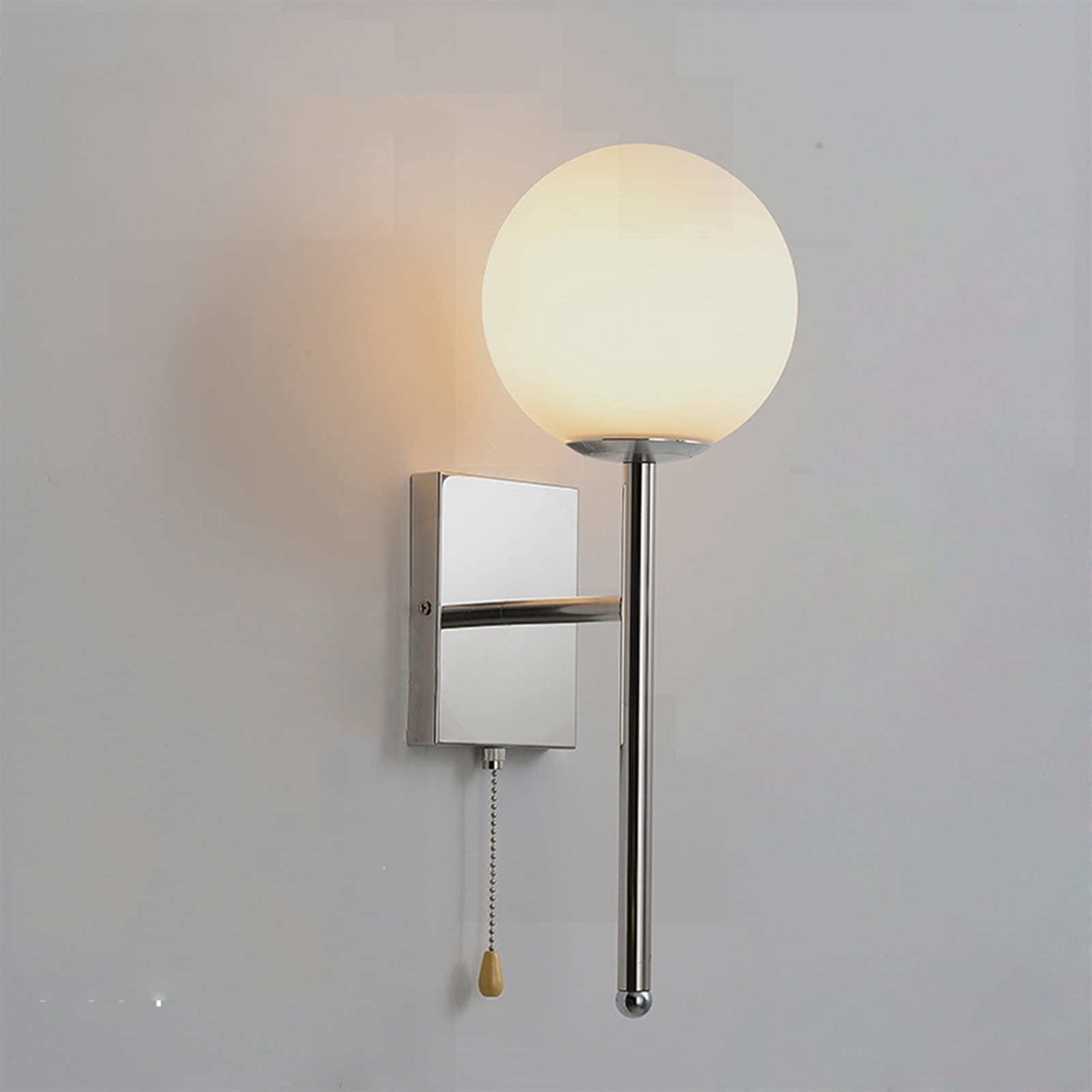 HUAYUSEDF Wall Lamp Pull Chain Long Arm Stainless Steel Bedroom Bedside Hotel Bathroom Sconce Light Fixtures Milky White Glass Globe Shade(Color:Silver) Gold(Silver)