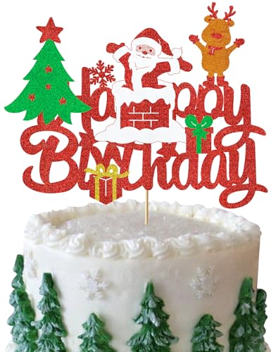 Santa Clause Birthday Cake Topper - Glitter Red Reindeer Winter Christmas Party Decoration Supplies