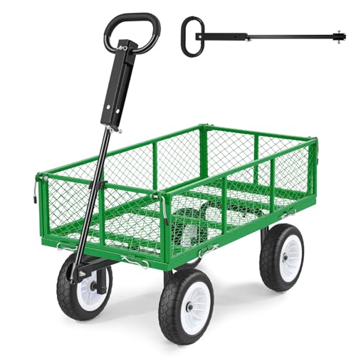 Image of VEVOR 900 LBS Steel Garden Cart, 2 in 1 Handle, Heavy Duty Pullable Garden Wagon with 10 inch Flat-Free Tires, Outdoor Utility Yard Wagon Cart with Detachable Side Panels, Attach to ATV or Tractor