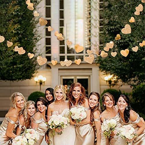 Image of 40Ft Champagne Gold Heart Banner Double Sided Paper Garland Heart Hanging Streamer for Wedding Birthday Anniversary Bachelorette Engagement Bridal Baby Shower Valentines Hen Christmas Party Decoration