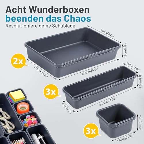 Schubladen Organizer Set 8-teilig – Büro Organizer für Schreibtisch Schublade – Ordnungssystem mit 3 Größen – Flexible Schubladentrenner & Aufbewahrungsboxen für Büro & Homeoffice - Anthrazit