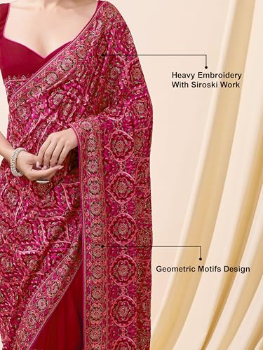 Image of TRENDMALLS Women's Vichitra Silk Heavy Embroidery With Siroski Stone Work Saree with Unstitch Blouse Piece For Women