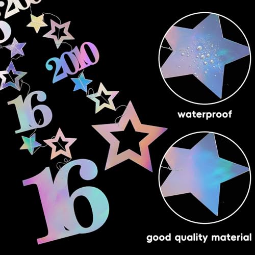 Image of Eucutur Iridescent Sweet 16 Party Decorations for Girls Boys, Pre-Strung Glitter Twinkle Number Vintage 2010 16 Years Old Hanging Streamer Banner Party Supplies, Happy 16th Birthday Gifts Decor