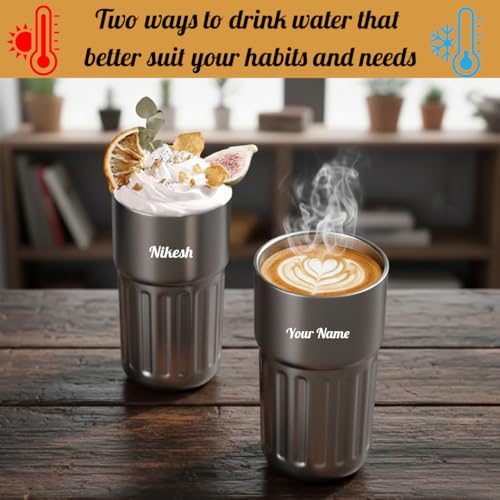Image of Giftana Personalized Tumbler with LED Temperature Display Customized Coffee Tumbler with Secure Lid & Carrying Strap, Birthday Gifts for Men and Women (Silver, 420ml)