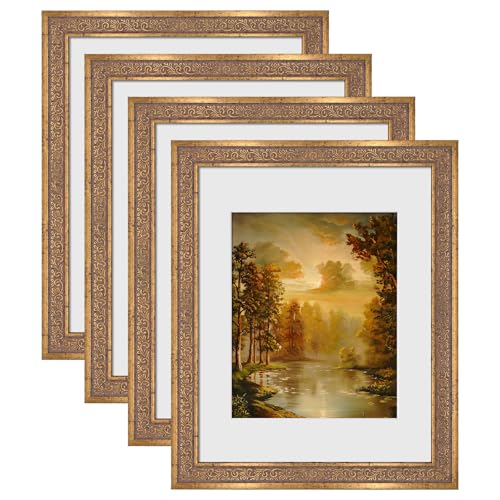Image of 11x14 Vintage Picture Frames,Antique Frames with White Mat for 8x10 Picture,Ornate Picture Frames for Wall Decor, 4 Pack Gold Frames,Distressed Gold