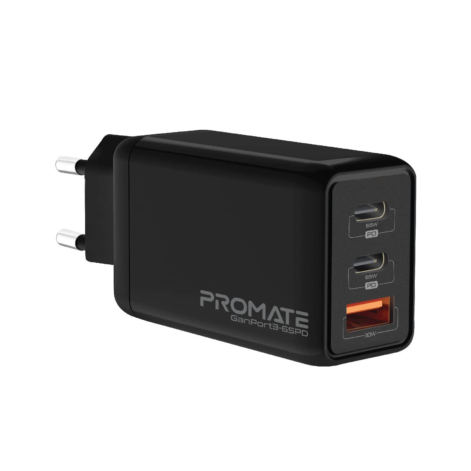 Promate, Cargador GAN 65W USB-C, Adaptador de Pared de Carga Rápida USB Tipo-C Dual 65W, Puerto de Carga USB-A de 30W, Protección contra Sobrecarga, Android, Portátiles, iOS, GaNPort3-65PD, Negro