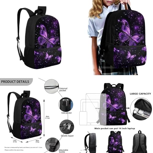 Purple Butterfly Kids Backpack Set Boys 4Pcs Kids Backpack for Boys with Lunch Box Pencil Case and Water Bottle Case Cover School Backpacks Backpack School Backpack Gift for Girls Boys3