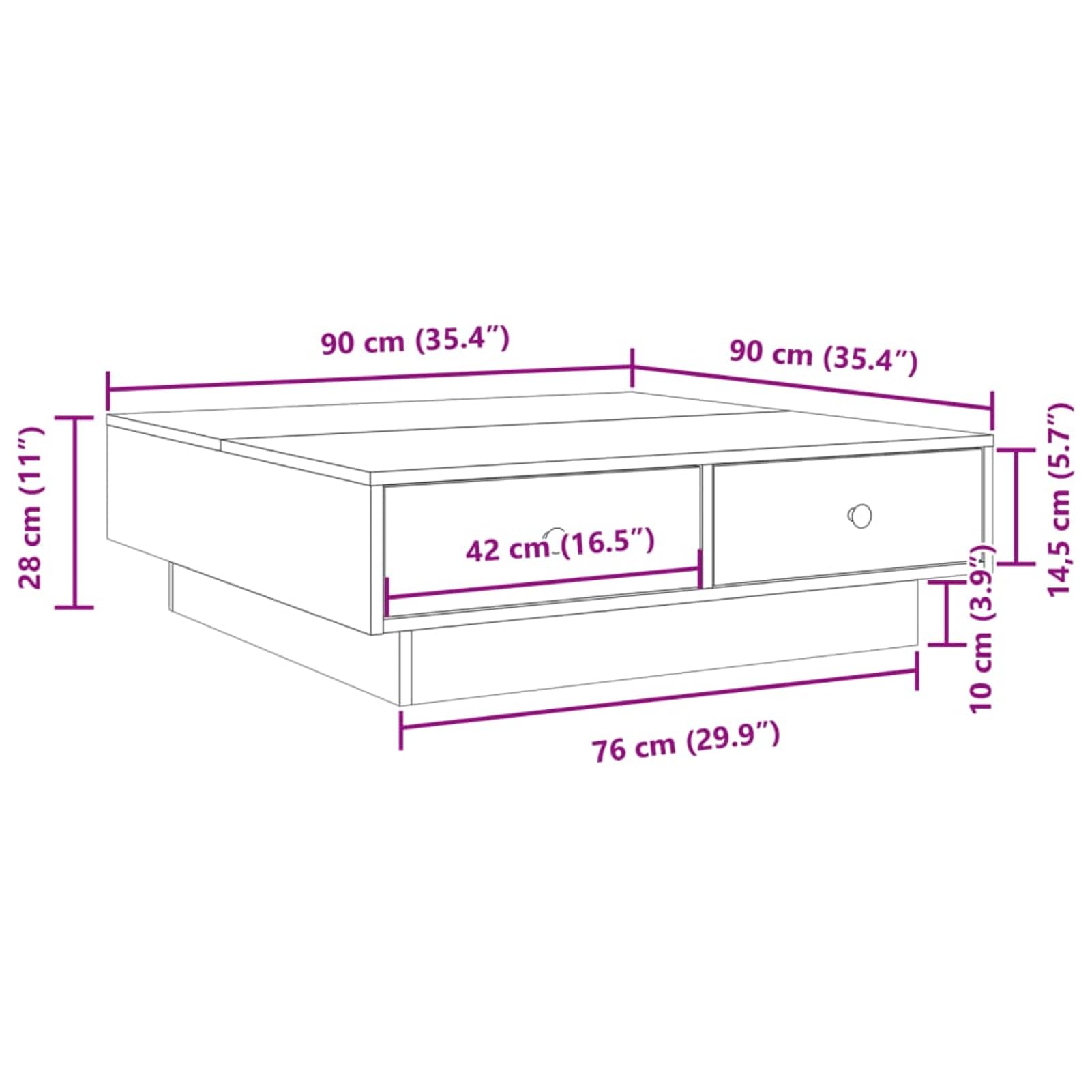 Stolik kawowy dąb wędzony, 90 x 90 x 28 cm, wykonany z materiału drewnopochodnego z metalowymi gałkami, stabilny stolik pomocniczy do salonu, obszaru TV i salonu