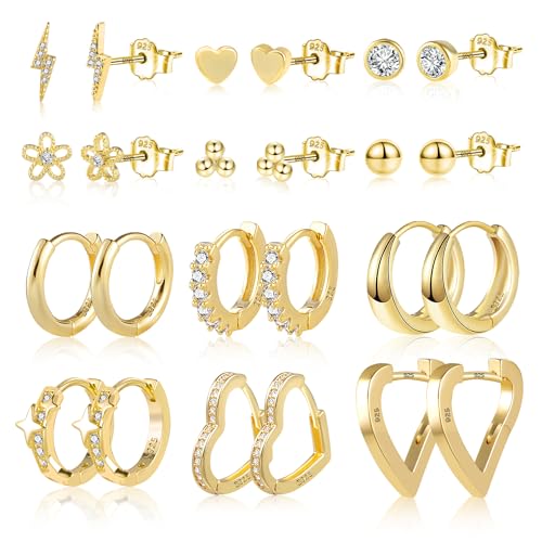 ASH'S CHOICE12 Pcs Boucles Doreilles Créoles Femme Acier Inoxydable Piercing Oreille Cartilage Helix, S925/Plaqué Or 14 Carats