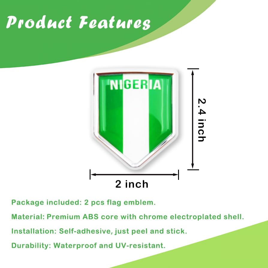 Image of Newperlite Nigeria Flag Decal Sticker Car Emblem Nigerian Flag Car Decoration Accessories Chrome Shield for Truck Vehicles Cars, 2 Pack