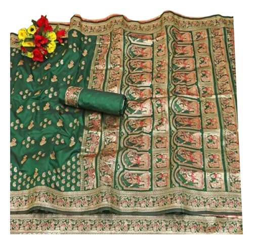 Baluchari Silk Saree Traditional Dance Design With Blouse Peice-Green