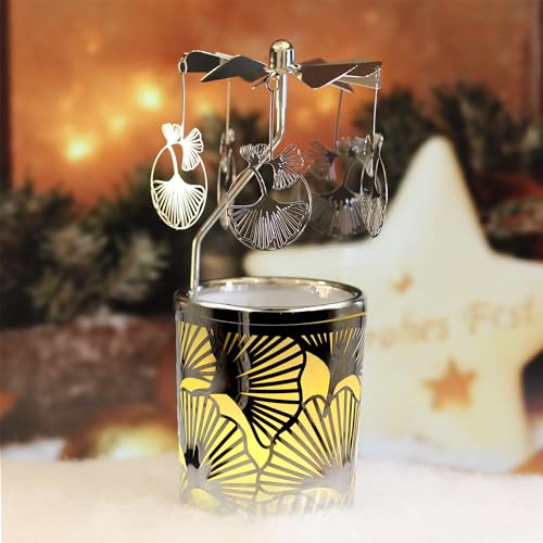 iLajao Candle Carousel Rotary Candle Holder Christmas Carousel Spinning Tealight Candleholder Christmas Decoration Centerpieces for Tables Valentine Easter (Biloba)