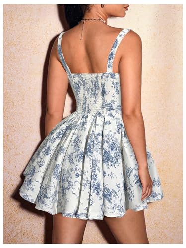 Image of WDIRARA Women's Floral Print A Line Mini Dresses Bow Smocked Ruffle Hem Cami Dress
