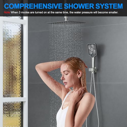 Bathtub Shower Faucet Set with Pressure Balance Valve, 12\" Ceiling Mount Shower System with Tub Spout Multi-function Handheld Head Push Button Diverter Shower Trim Kit, Brushed Nickel - Thumbnail 6