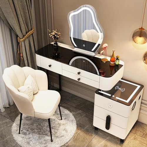 Mesa de maquillaje LED Vani con espejo de nube inteligente de 3 colores, gabinete de maquillaje de madera maciza con múltiples cajas para dormitorio y apartamento