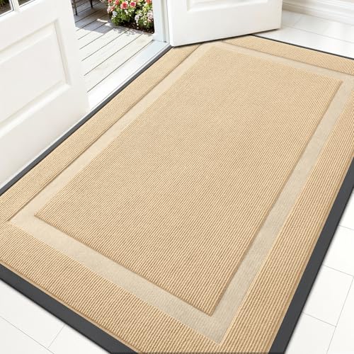 Image of OLANLY Front Door Mat Indoor Outdoor Entrance, Waterproof All-Season, All-Weather Doormat, Sturdy Natural Rubber, Fade Resistant, Low Profile, Easy Clean Patio Porch Entryway Mat, 59x34, Beige