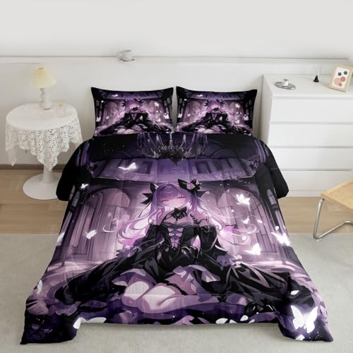 Image of Erosebridal 3D Girly Kids Comforter Set | Japanese Girl Bedding Queen Size Anime Gifts Down Comforter Purple Dreamy Butterfly Print Duvet Set for Bedroom