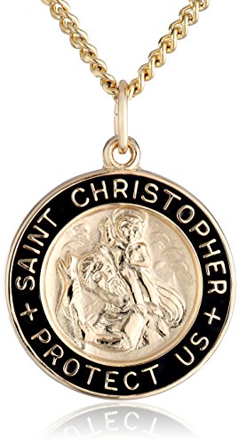 14k Gold-Filled Solid Round Saint Christopher Medal with Black Epoxy Border and Gold Plated Stainless Steel Chain, 20