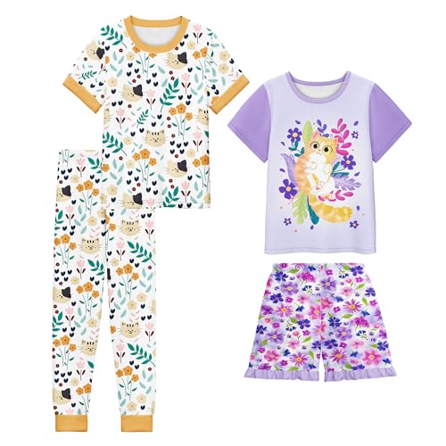 LQSZ Girls Pajamas Set Kids 4 Piece Summer Sleepwear 3-10 Years Pajama Toddler Pjs