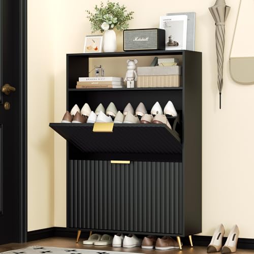 Urban Deco Schuhschrank Schwarz, 75 x 24 x 116 cm, Schuhkipper mit 2 Klappen, Schuhregal Schmal mit Metallfüßen, Schuhschrank Holz für Eingangsbereich, Flur, Schwarz Urban Deco Schuhschrank Schwarz, 75 x 24 x 116 cm, Schuhkipper mit 2 Klappen, Schuhregal Schmal mit Metallfüßen, Schuhschrank Holz für Eingangsbereich, Flur, Schwarz